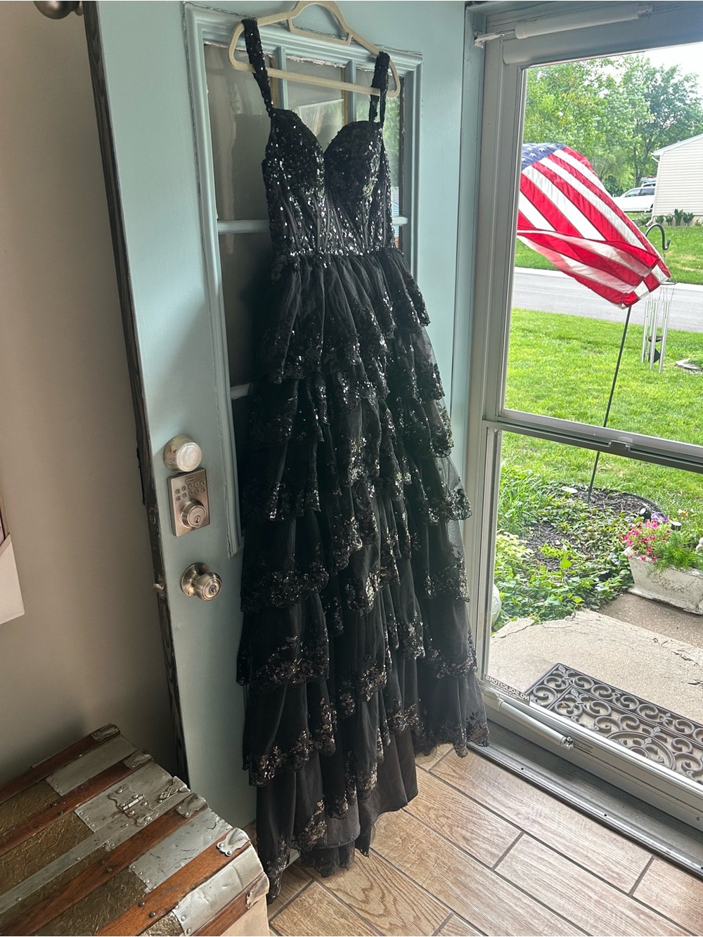 Tiered Ruffle Corset Sequin Tulle Prom High Slit Long Formal Dress Ball Gown - Picture 2 of 12